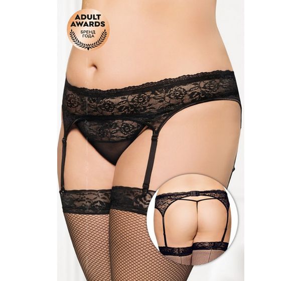 Пояс для чулок со стрингами SoftLine Collection кружевные, черный (XL)