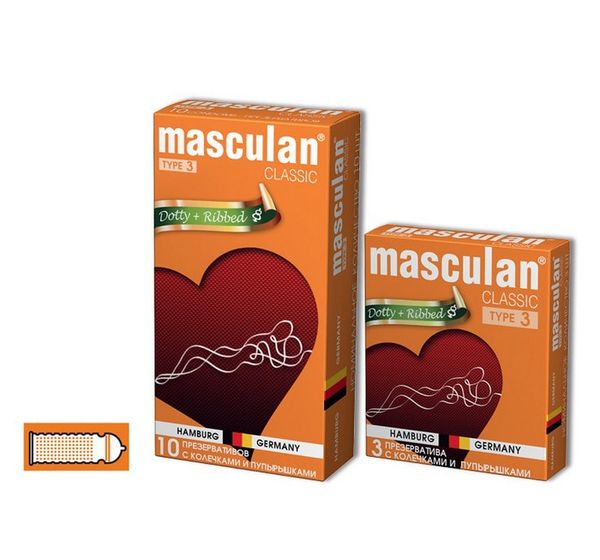 Презервативы Masculan, classic, латекс, ребристые, точечные (19 см, 5,3 см, 10 шт)