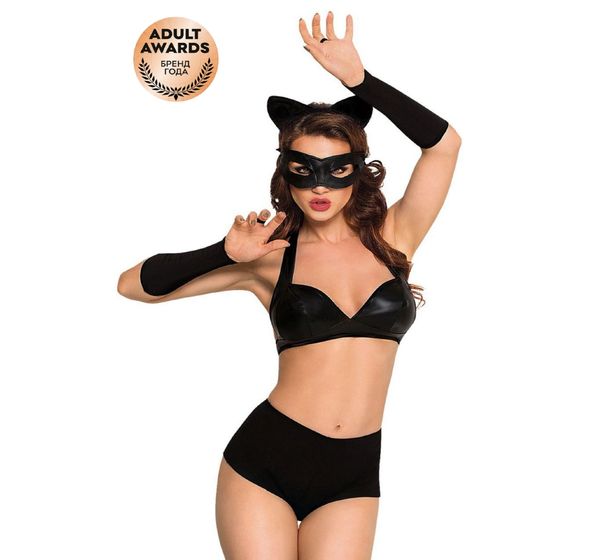 Эротический костюм SoftLine Collection Catwoman (бюстгальтер, шортики, головной убор, маска, перчатки), черный (L)