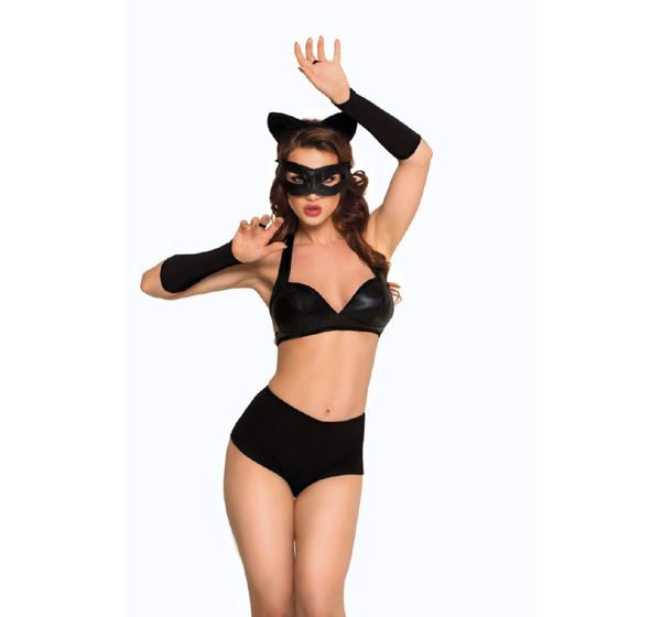 Эротический костюм SoftLine Collection Catwoman (бюстгальтер, шортики, головной убор, маска, перчатки), черный (L) #1